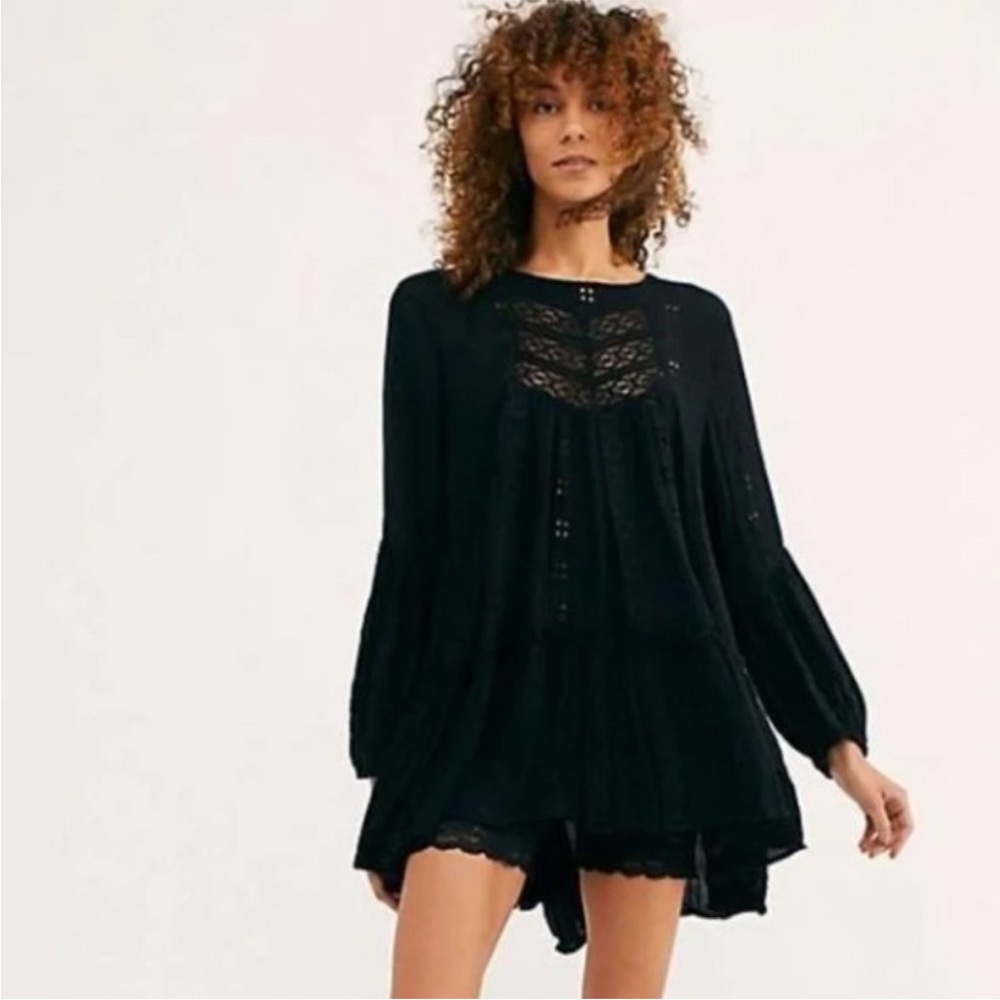 NWOT Free People Kiss Kiss black embroidered lace tunic top XS